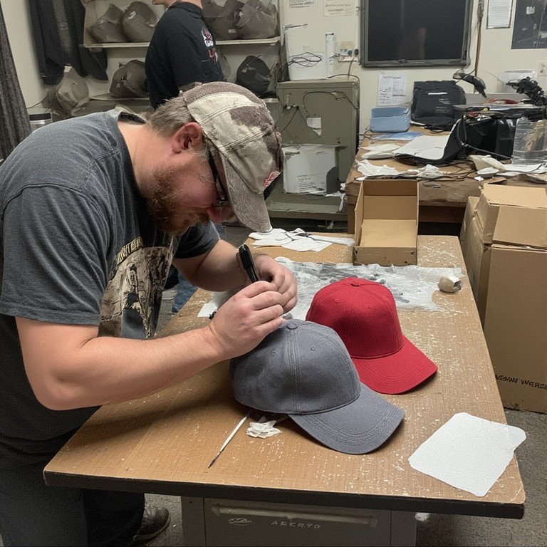 Şapka üretimi hattında yüksek hassasiyetli makinelerle birleştirilen paneller ve dikiş detayları.