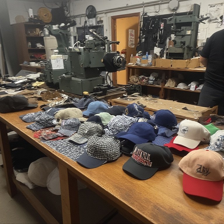 Modern bir atölyede üst üste dizilmiş farklı renklerde kaliteli promosyon şapkalar.