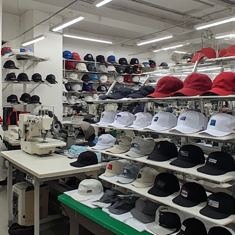 Toptan şapka imalatı yapan profesyonel bir atölyede dikiş ve nakış işlemi detay çekimi.