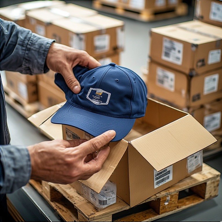 Hızlı teslimat şapka üretimi ve paketleme aşaması.