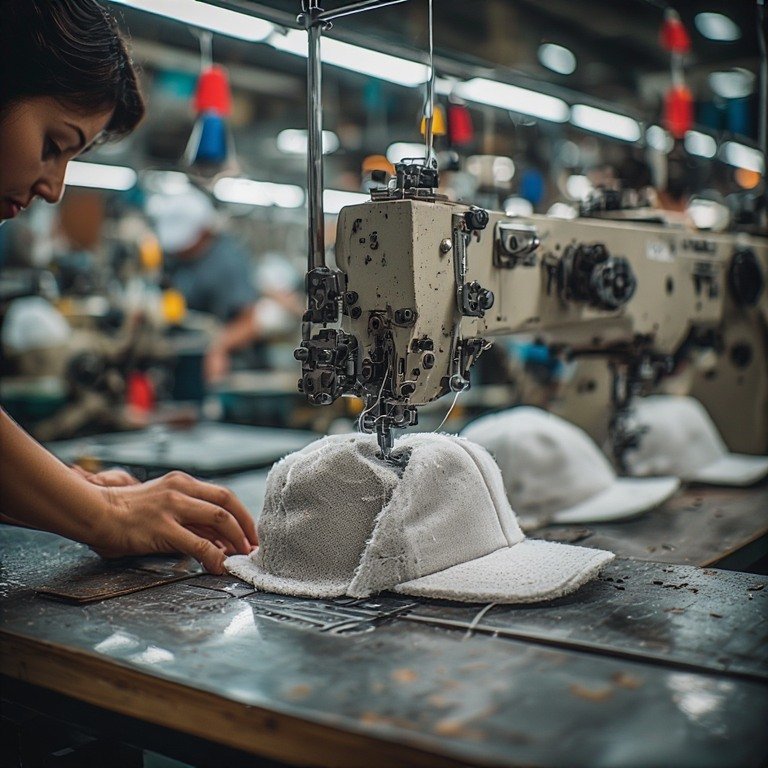 Toptan şapka siparişi için seri üretim bandında titizlikle dikilen siperli şapka modelleri.