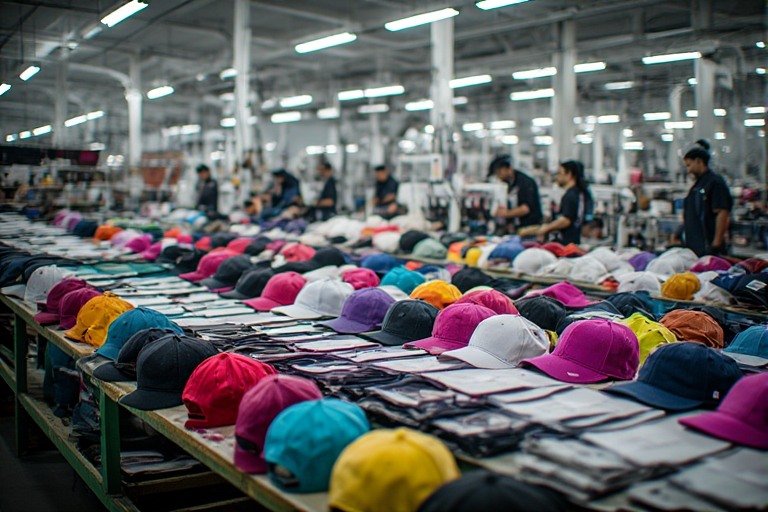 İstanbul şapka imalatçıları tesisinde kalite kontrolden geçen toptan şapka imalatı ürünleri.