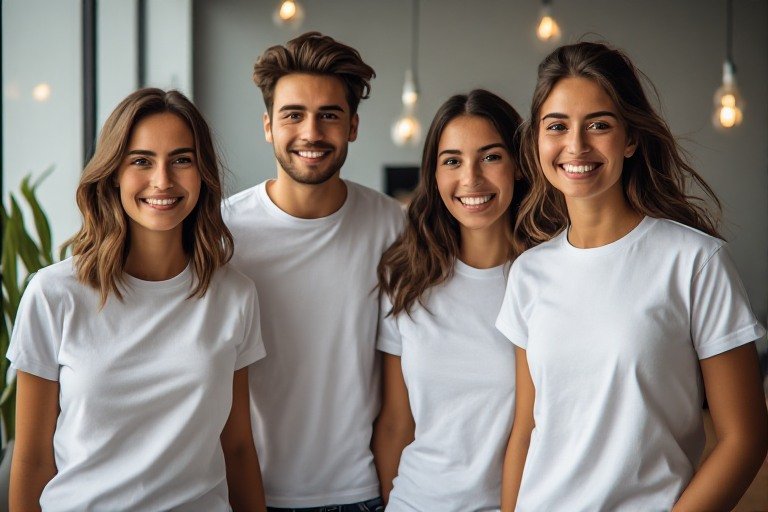Aynı kurumsal tişörtü giyen çalışanlar