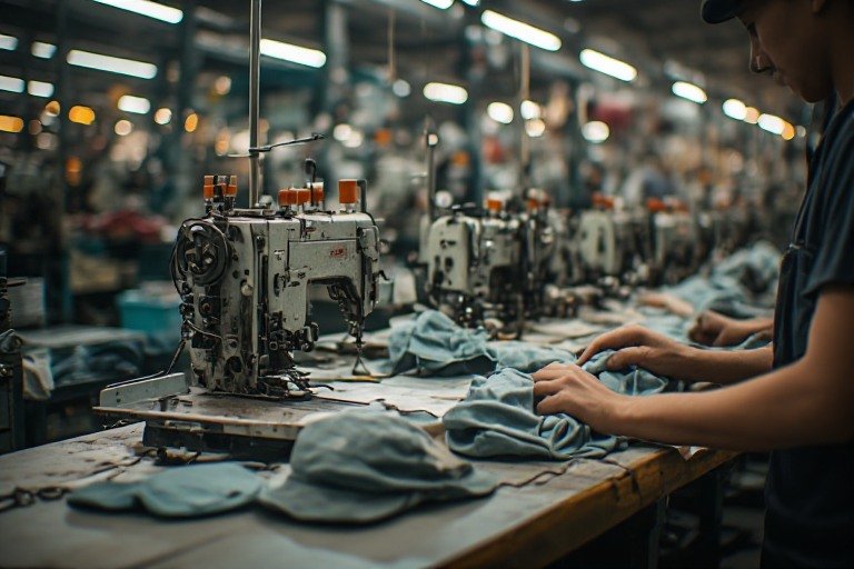 Toptan şapka üretimi sırasında dikim hattında çalışan makineler