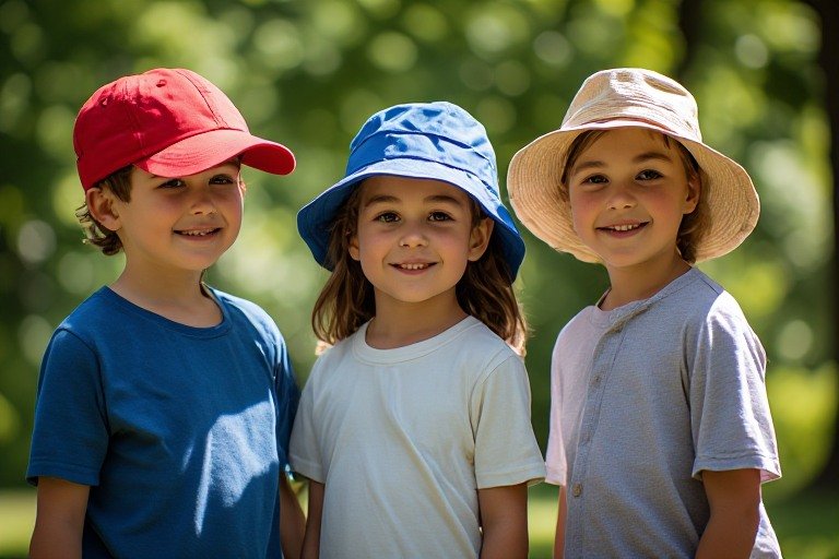Parkta kırmızı kep, mavi ve bej şapka takan üç çocuk