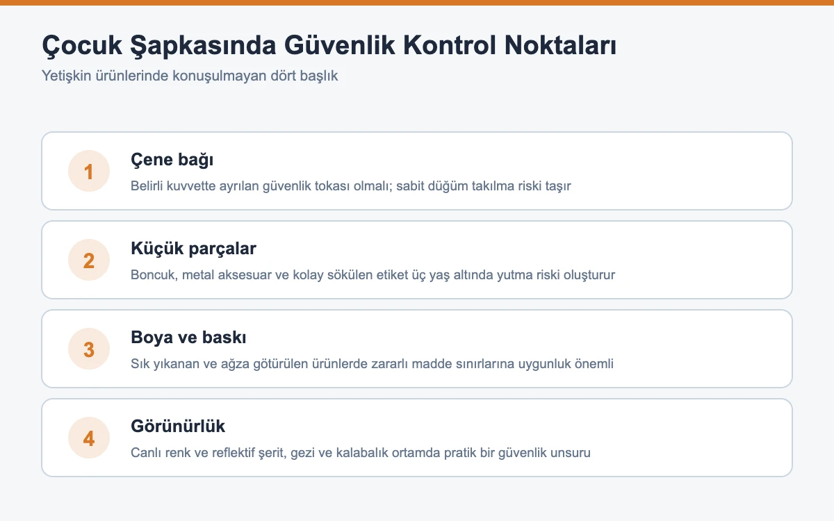 Çocuk şapkasında çene bağı, küçük parçalar, boya ve görünürlük güvenlik kontrolleri şeması