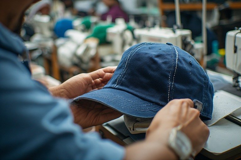 Atölyede lacivert şapka numunesinin dikiş ve siper detayı elde inceleniyor