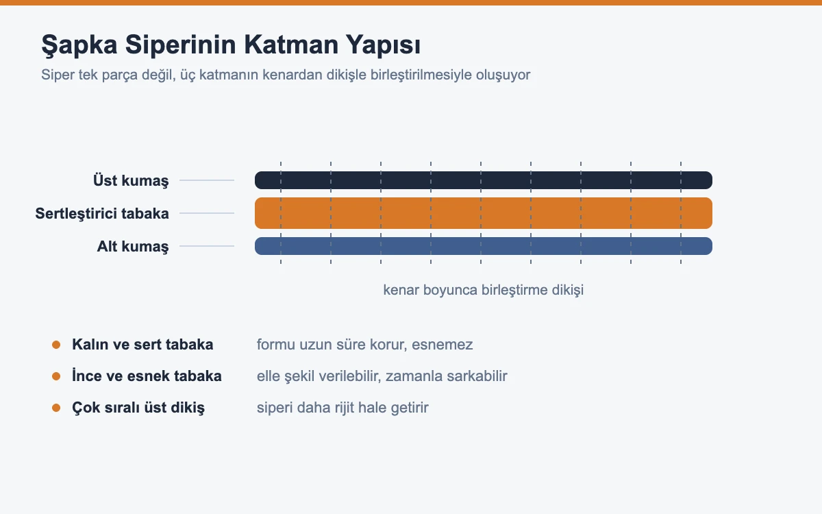 Şapka siperinin üst kumaş, sertleştirici tabaka ve alt kumaş katmanlarını gösteren kesit şeması