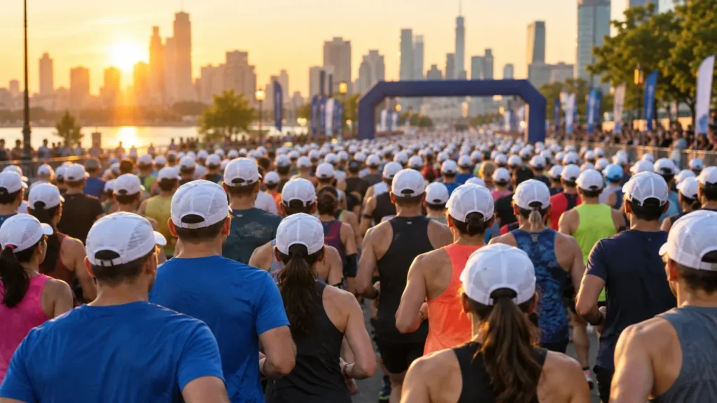 Gün doğumunda şehir maratonunun start alanında beyaz şapkalı koşucular
