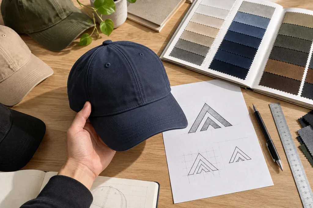 Logo taslakları ve kumaş kartelası yanında incelenen lacivert numune şapka